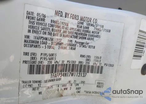 2007 Ford Focus S/Se/Ses z USA, uszkodzony, nr VIN 1FAFP34N17W112137